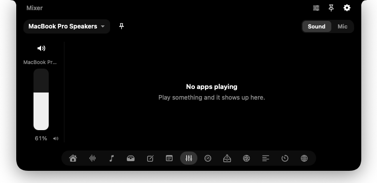Nook’s volume mixer with output device selection and a volume slider.