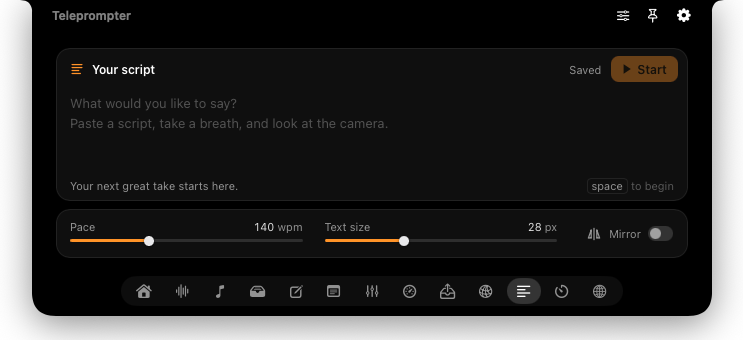 Nook’s teleprompter with a script, scroll speed, font size, and playback controls.