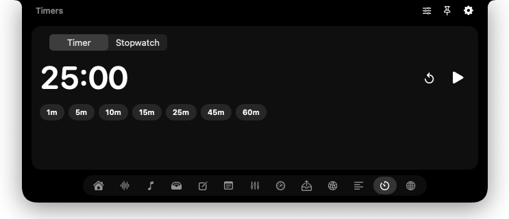 Nook Timers showing a 25-minute countdown, quick duration presets, and a stopwatch tab.